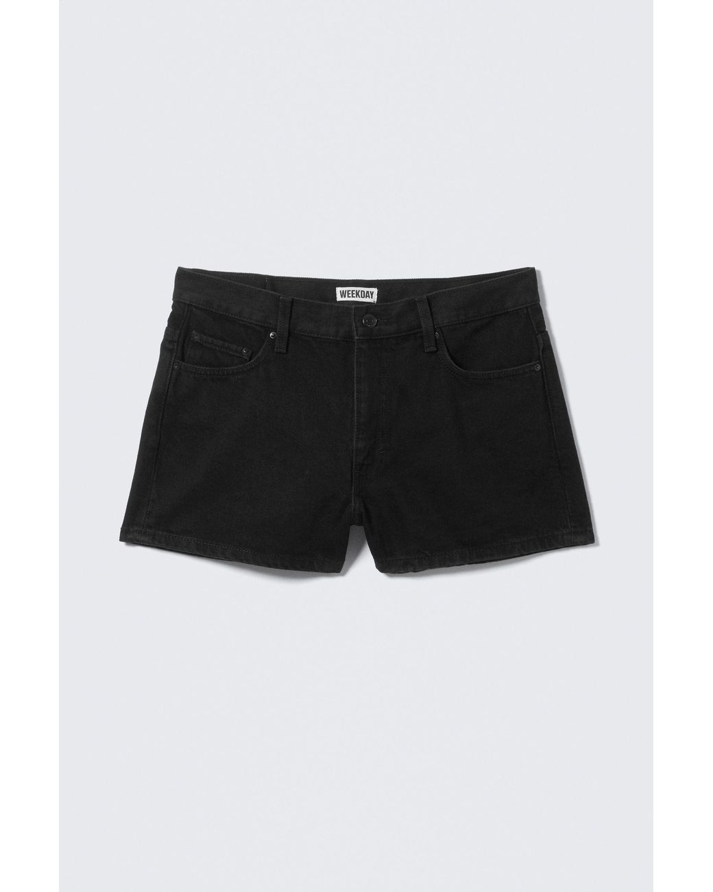 Weekday Black Duchess Low Rise Distressed Mini Denim Shorts