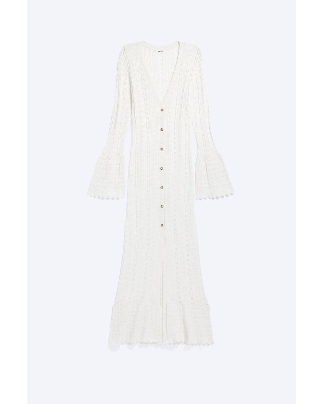 Monki White Long Frilled Knitted V-Neck Cardigan