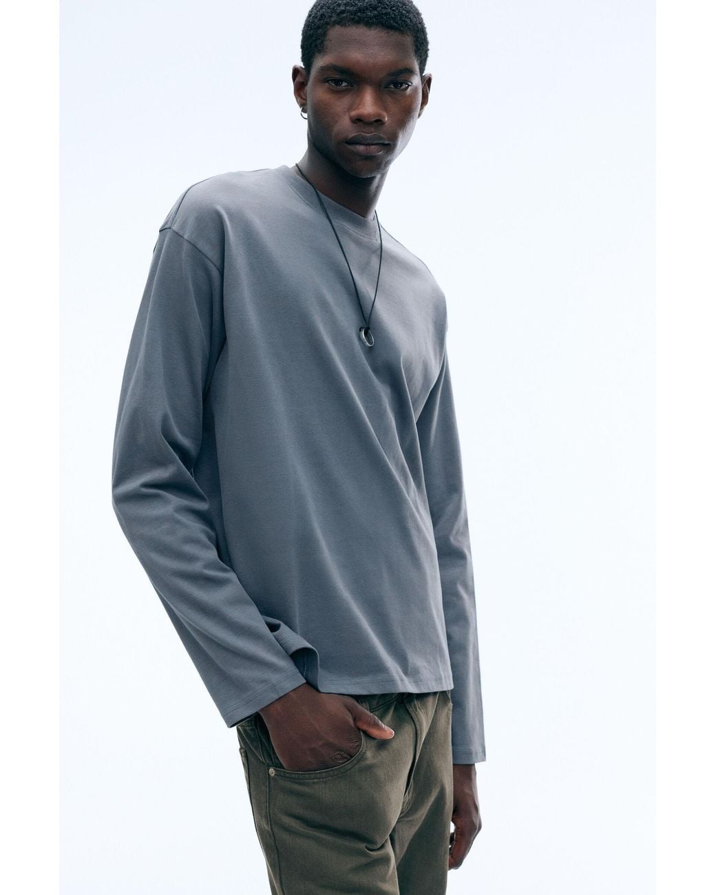 Weekday Blue Loose Boxy Long-Sleeved T-Shirt for men