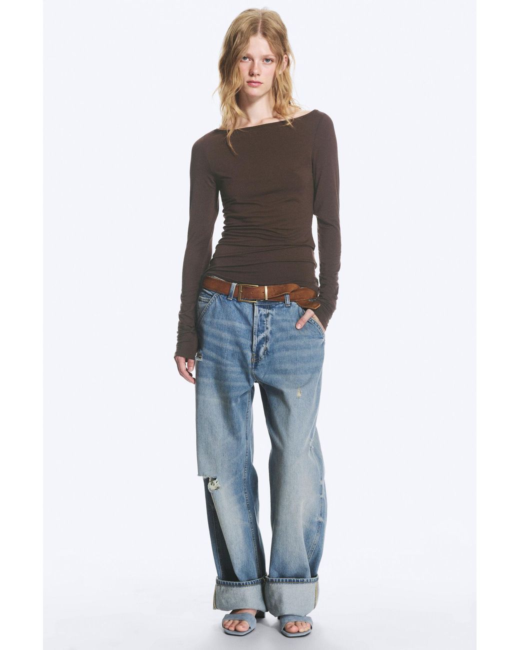 Monki Blue Sheer Boatneck Long-Sleeve
