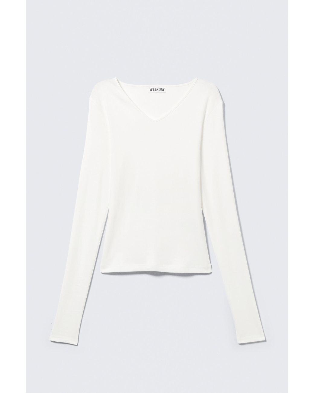 Weekday White Slim V-Neck Long-Sleeved Top