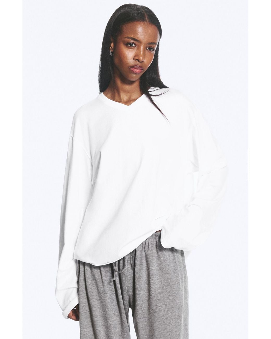 Weekday White Boxy V-Neck Long-Sleevd T-Shirt