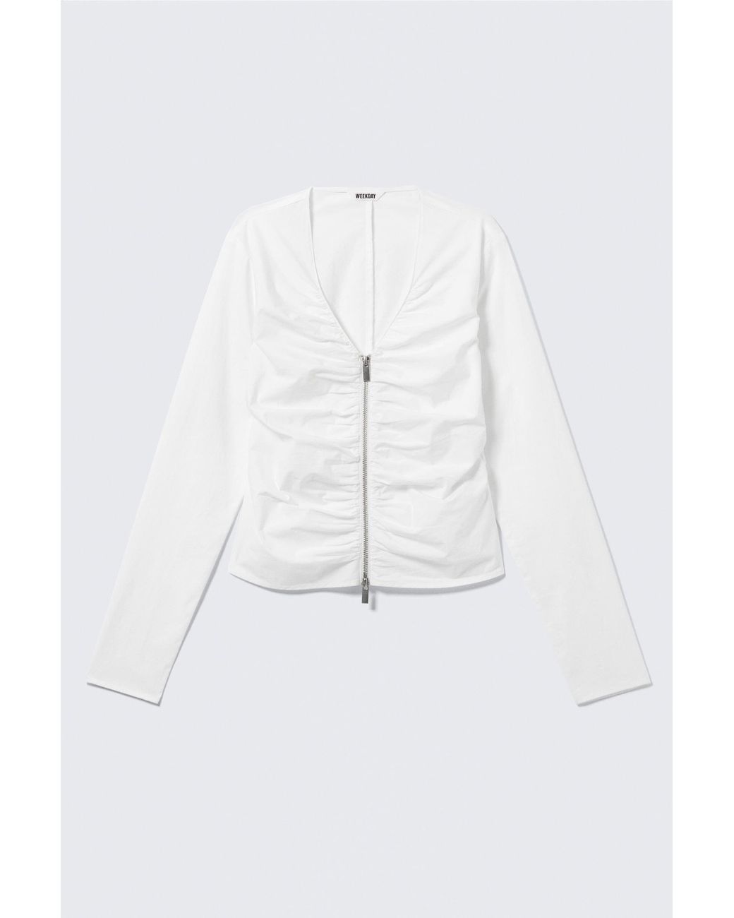 Weekday White Gathered V-Neck Zip Top
