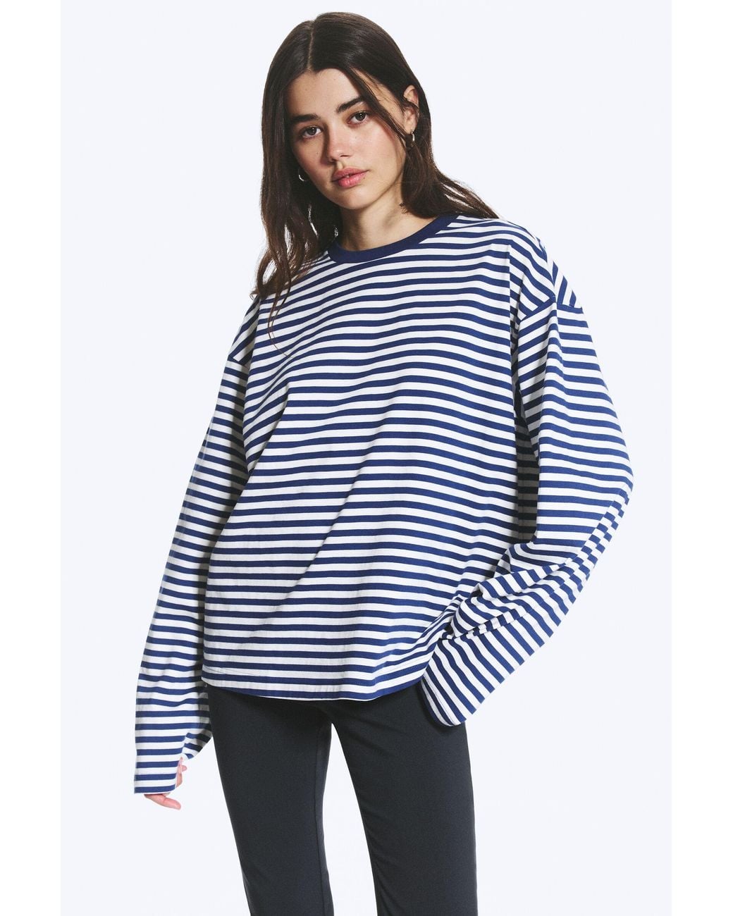Monki Blue Long-Sleeved Cotton T-Shirt