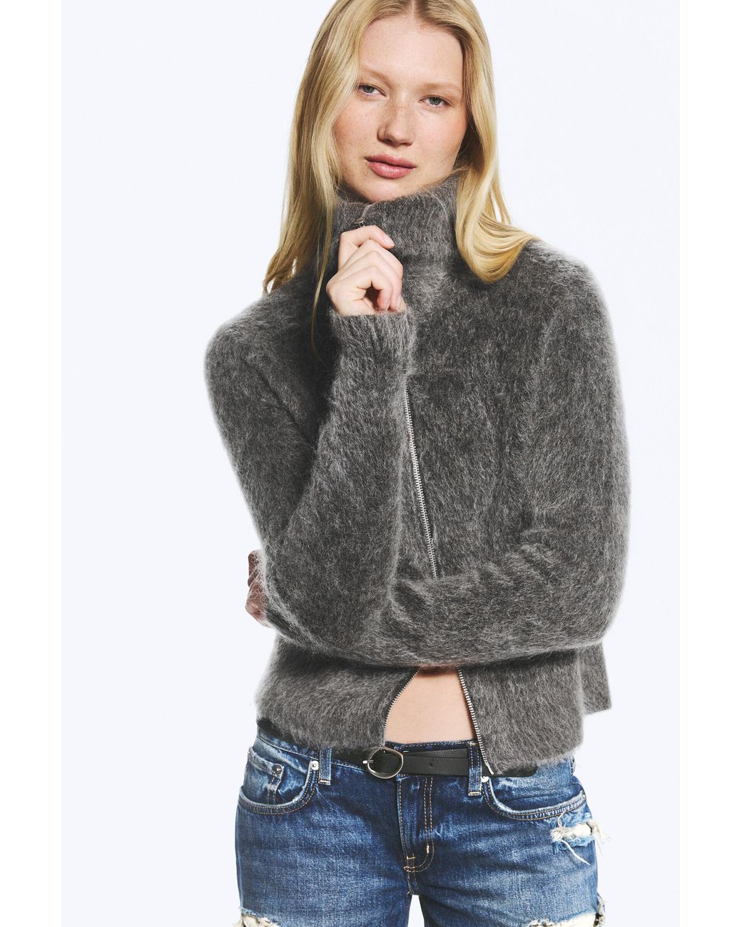 Weekday Gray Mohair Blend Zip Cardigan