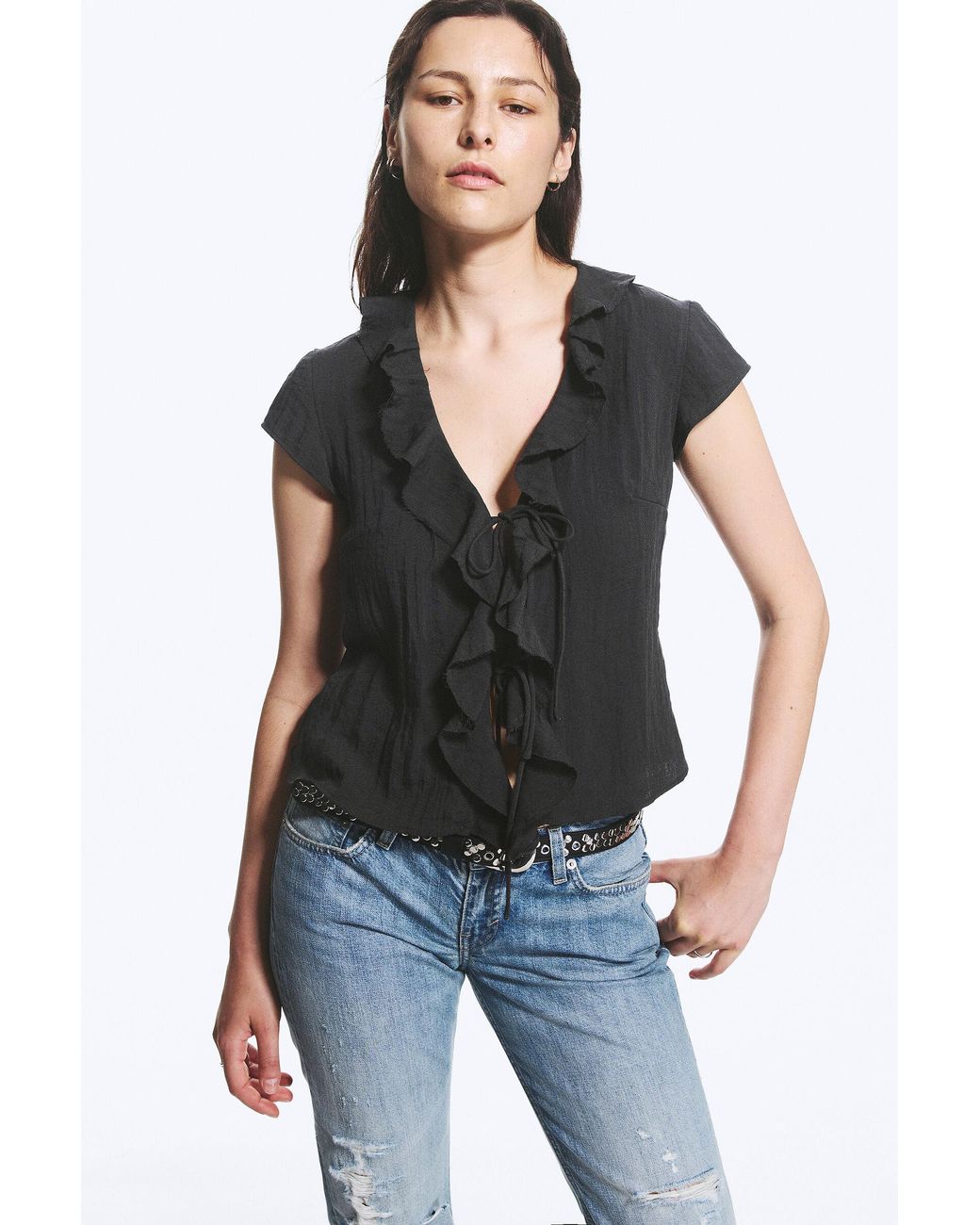 Weekday Black Frilled Tie-Front Top