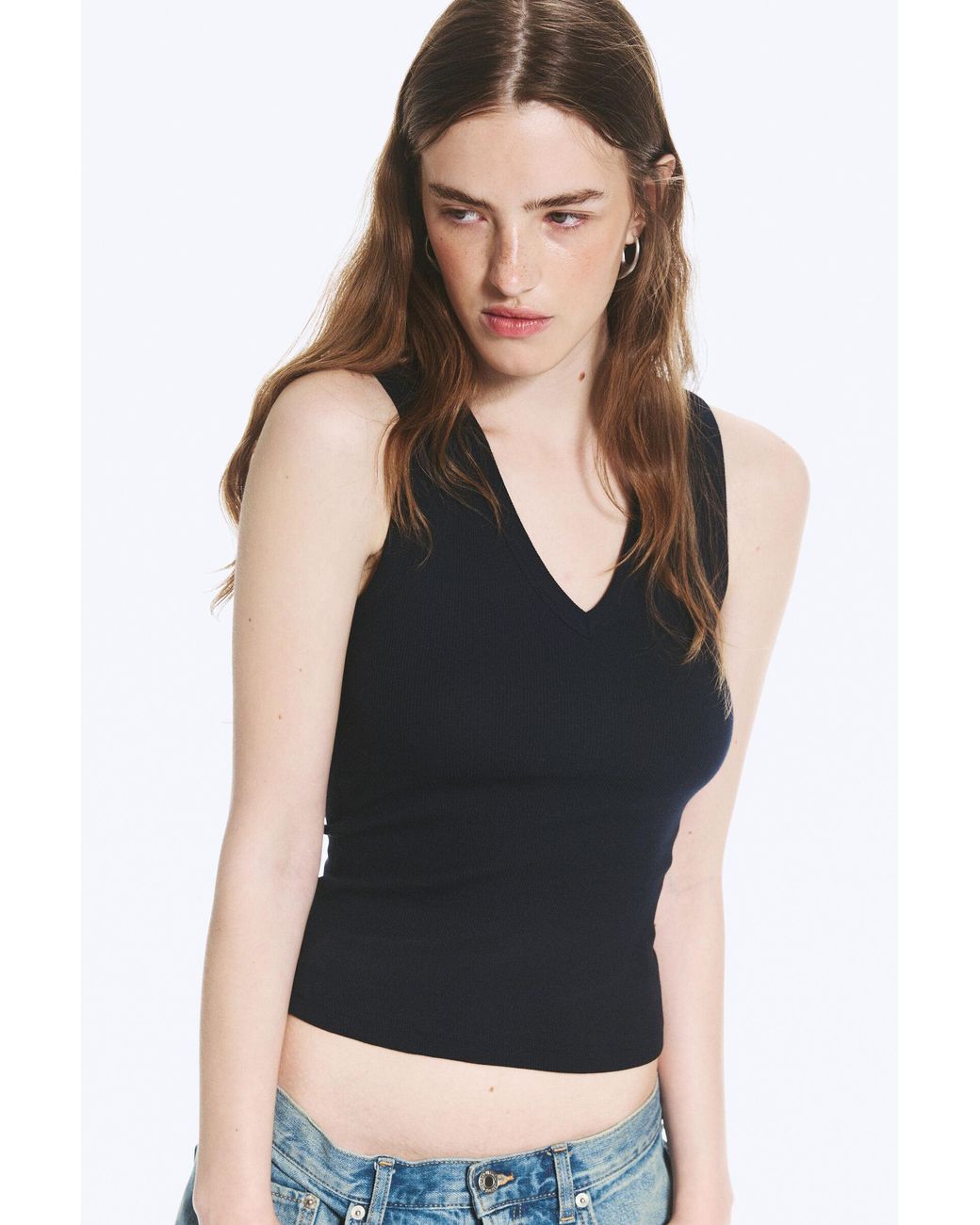 Weekday Black Ribbed V-Neck Tank Top