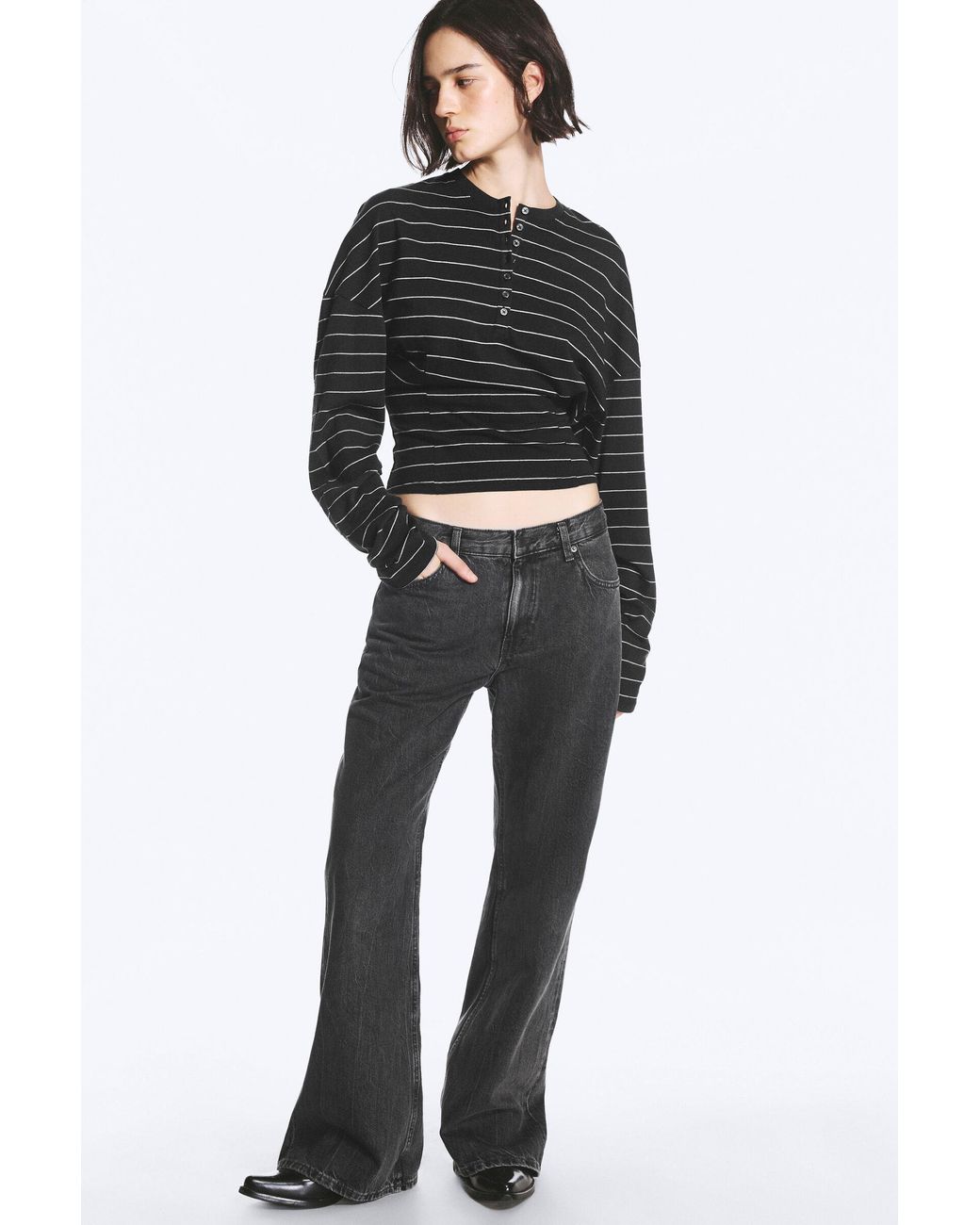 Weekday Black Helix Mid Rise Relaxed Flared Jeans