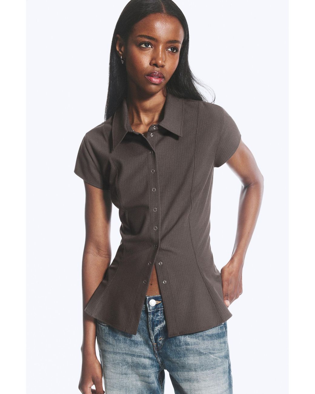 Weekday Black Slim Fit Short-Sleeved Crepe Shirt