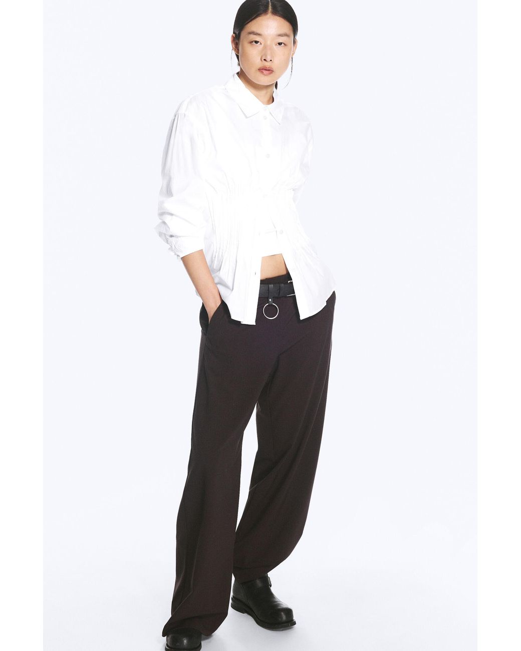 Weekday White Gathered Waist Cotton Poplin Shirt