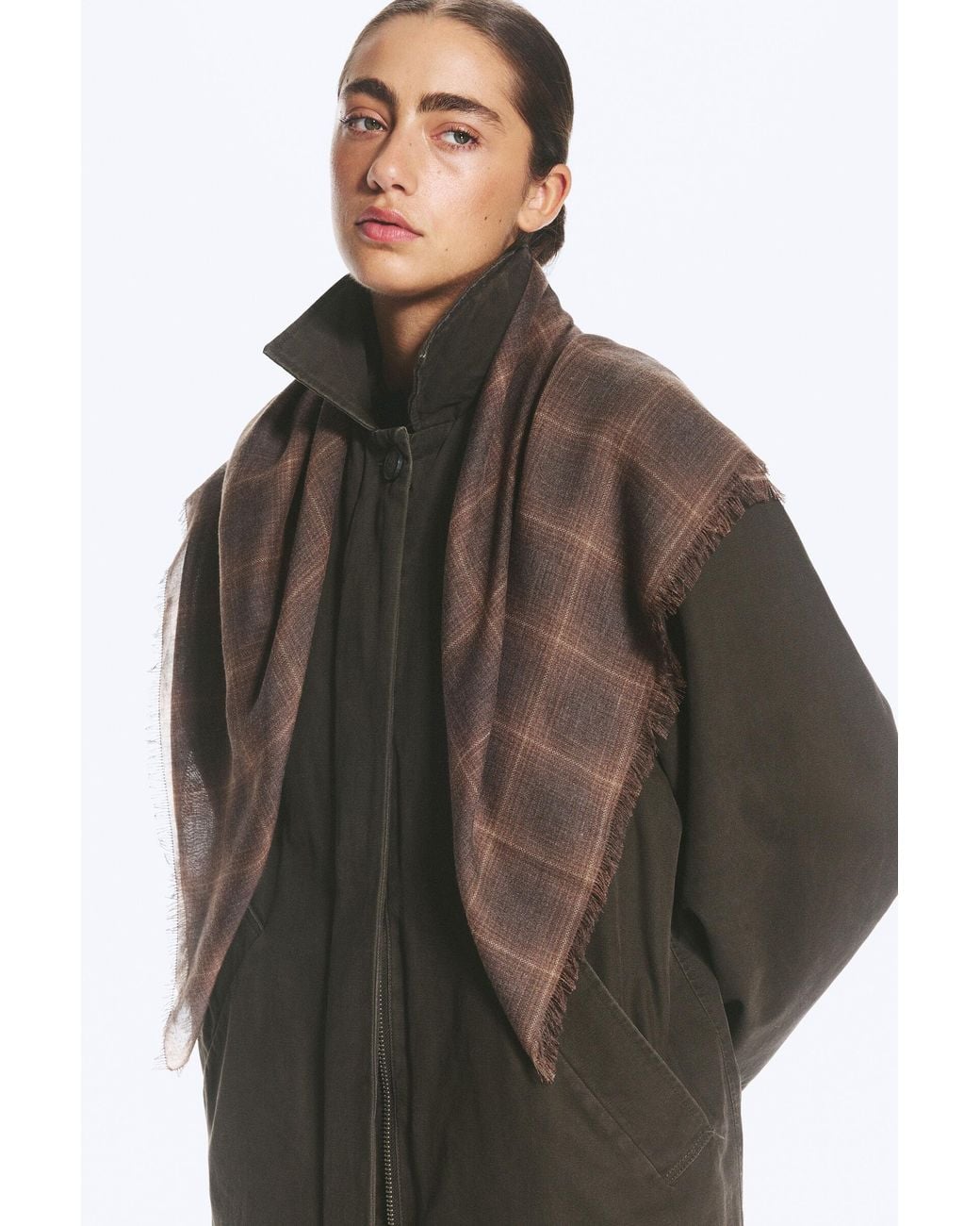 Weekday Brown Frayed Printed Square Scarf