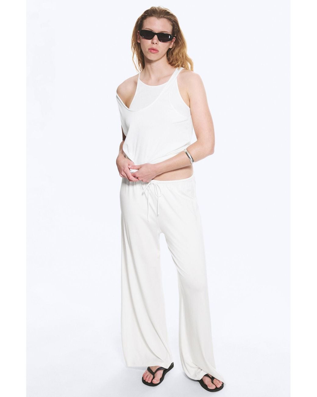 Weekday White Mid Rise Loose Wide Leg Lyocell Trousers
