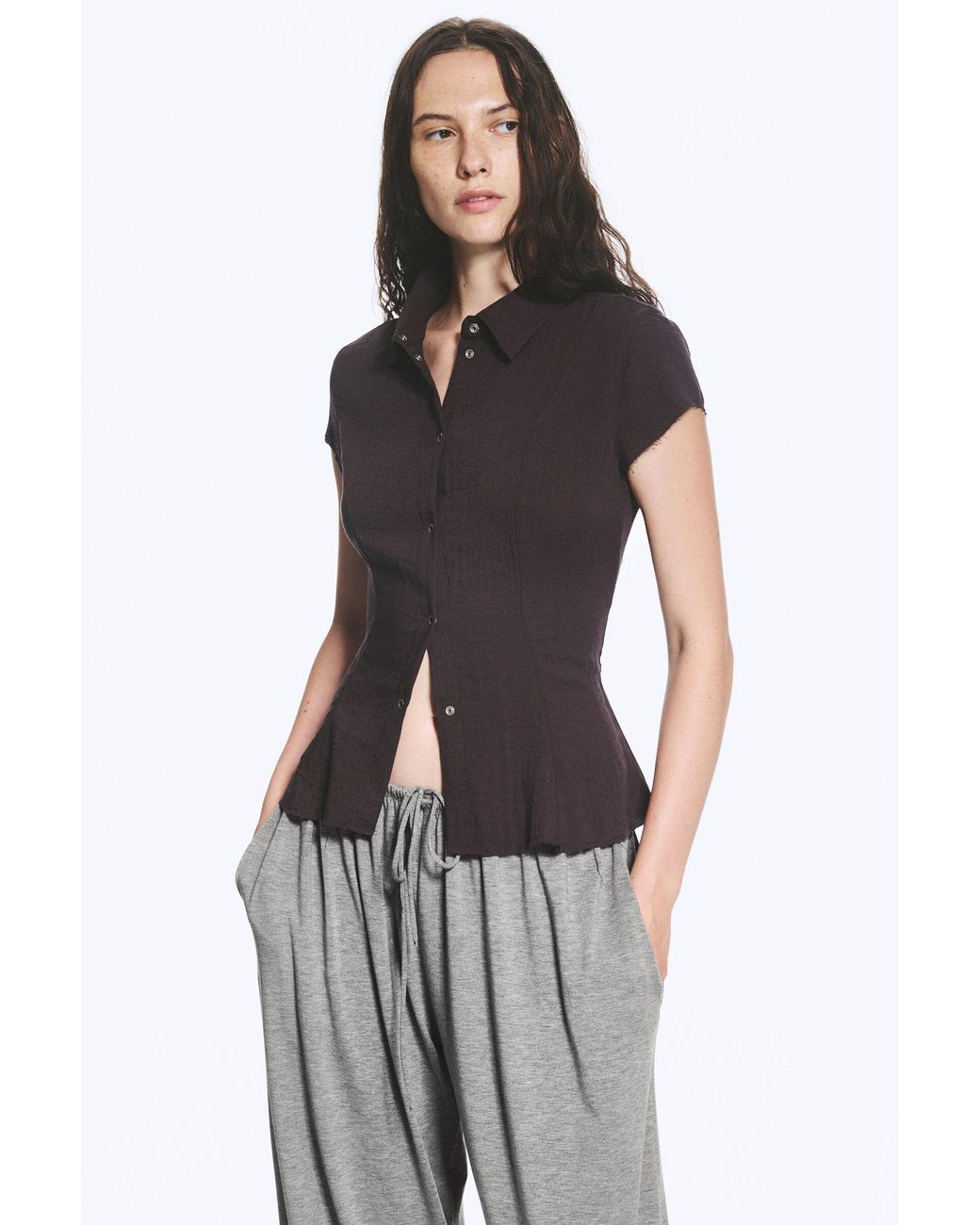 Weekday Black Slim Fit Short-Sleeved Crepe Shirt