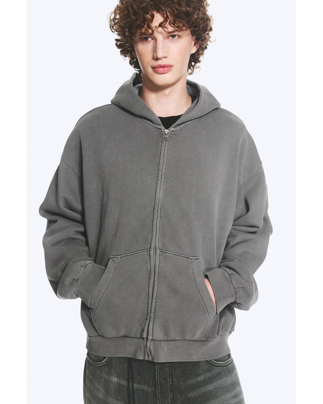 Weekday Gray Heavy Loose Zip Hoodie for men