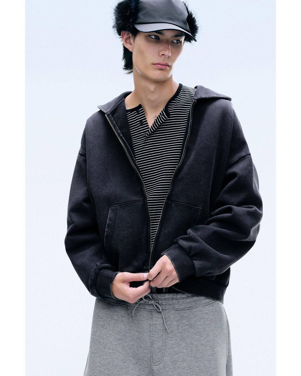 Weekday Black Heavy Loose Zip Hoodie for men