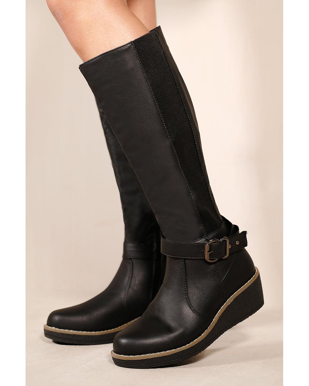 Where's That From Ayleen Wedge Heel Knee High Boots With Elastic Panel in  Black | Lyst