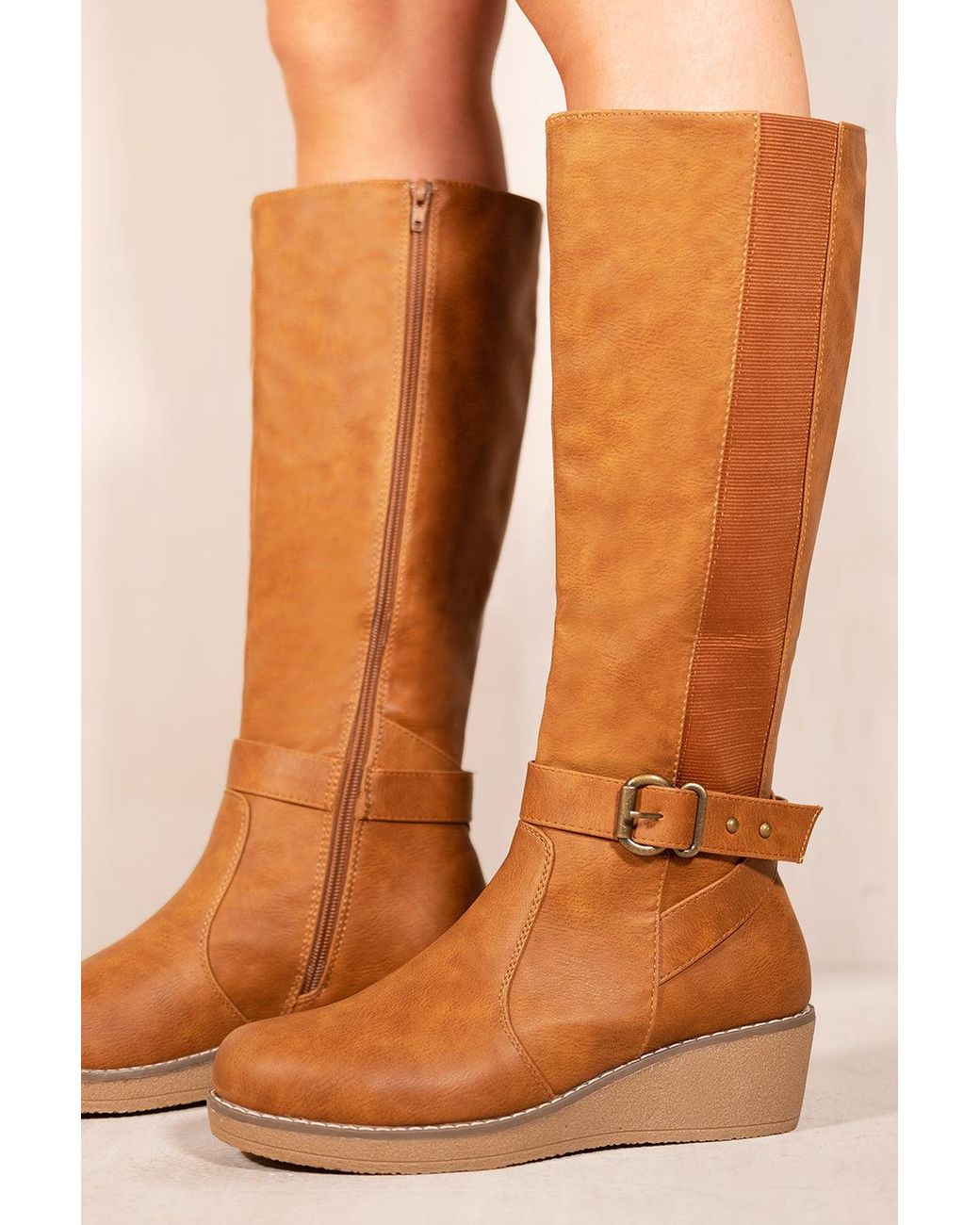 Where's That From Ayleen Wedge Heel Knee High Boots With Elastic Panel in  Brown | Lyst