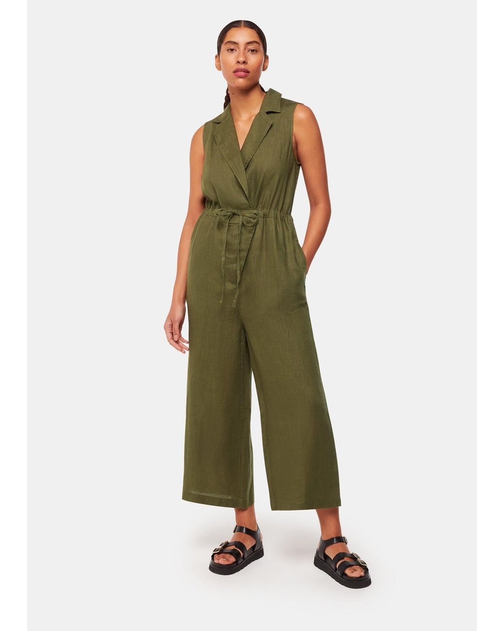 Whistles Green Bella Linen Wrap Jumpsuit