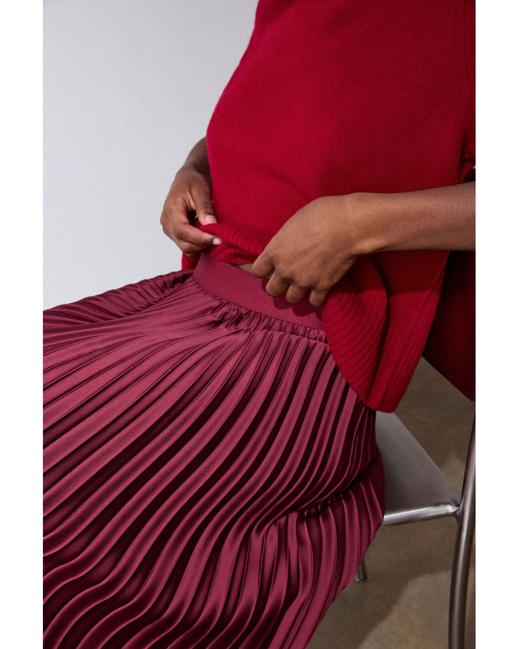 Whistles Red Petite Satin Pleated Midi Skirt