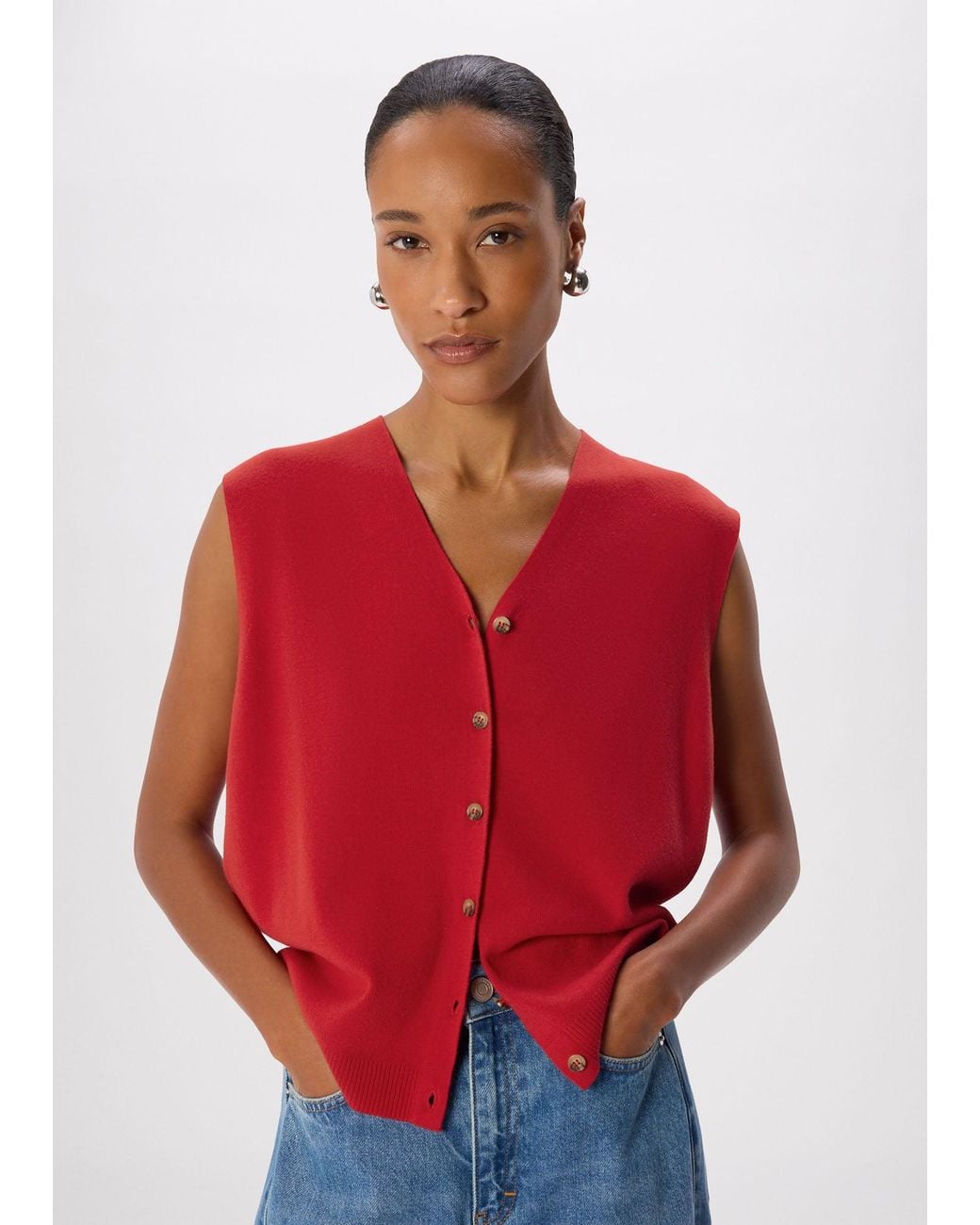 Whistles Red V Neck Button Front Knit Tank