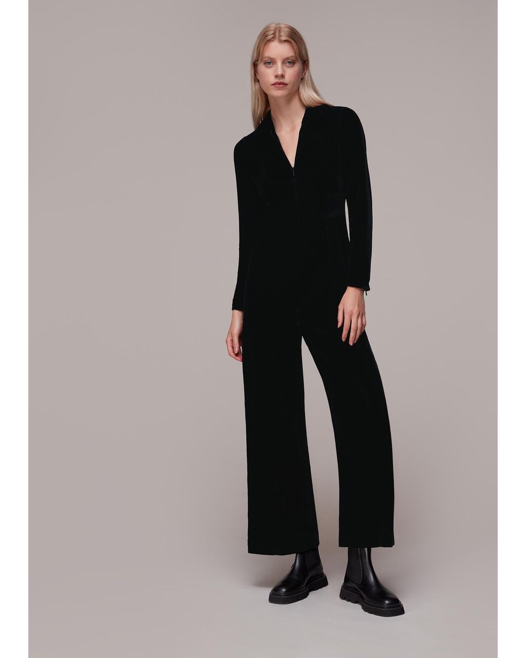Whistles Black Velvet Zip Front Jumpsuit