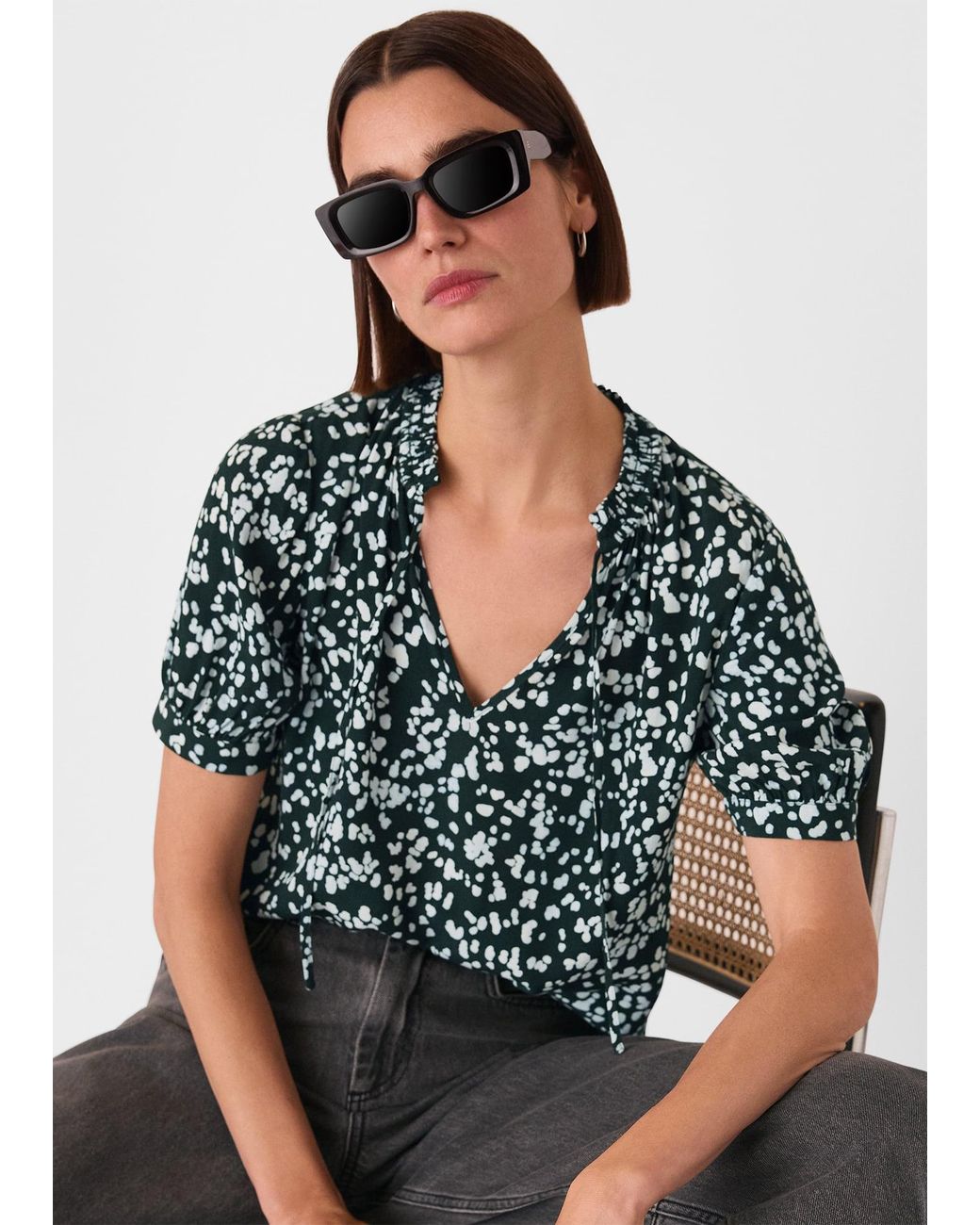 Whistles Black Animal Tie Neck Blouse