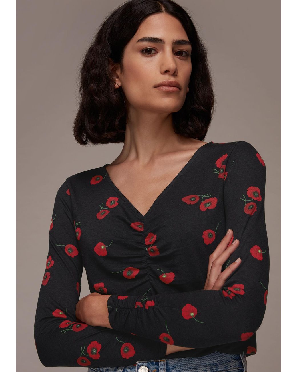 Whistles Brown Poppy Print Ruched Neck Tee