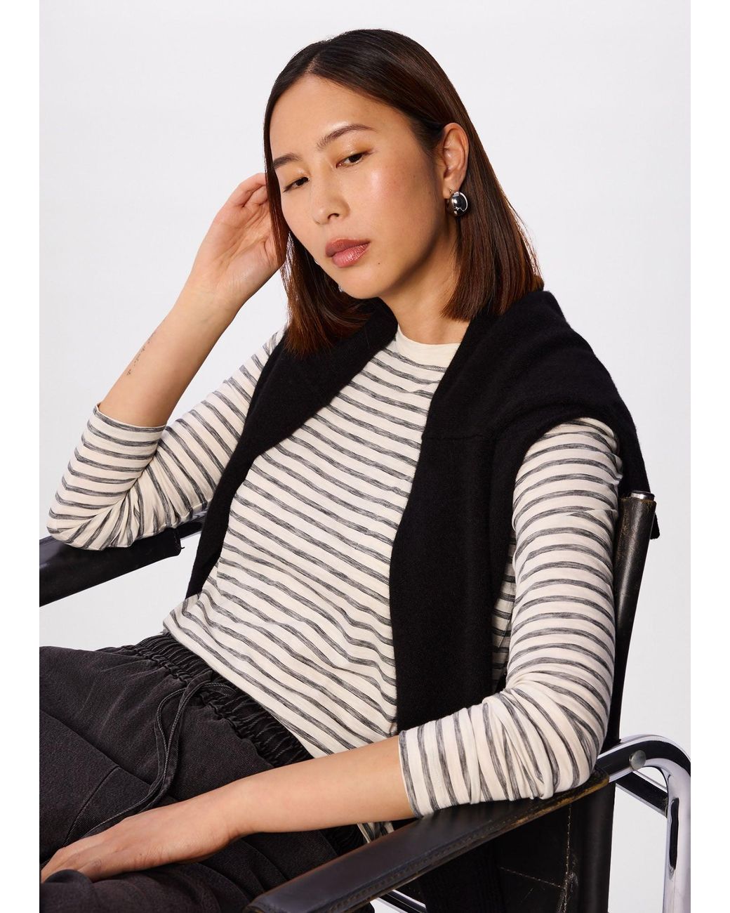 Whistles Gray Stripe Crew Neck Pocket Top