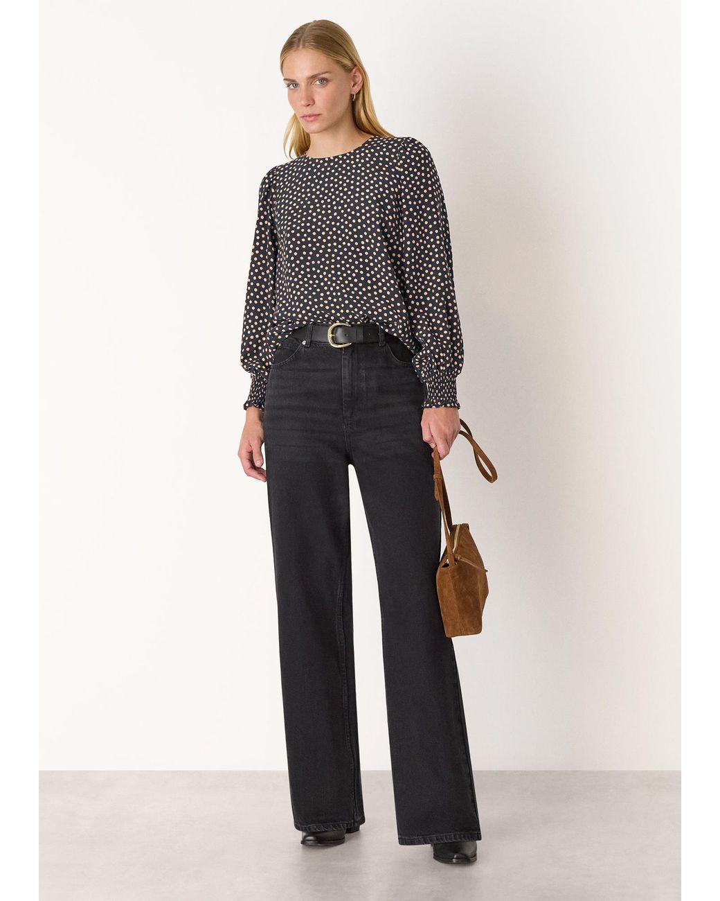 Whistles Gray Spot Shirred Cuff Blouse