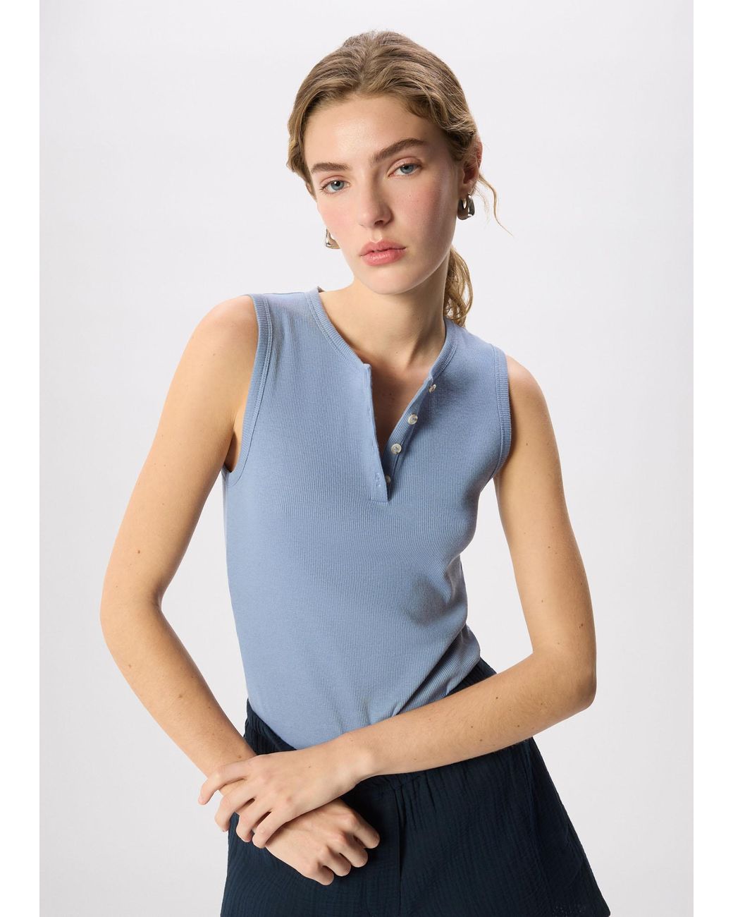 Whistles Blue Henley Button Front Tank