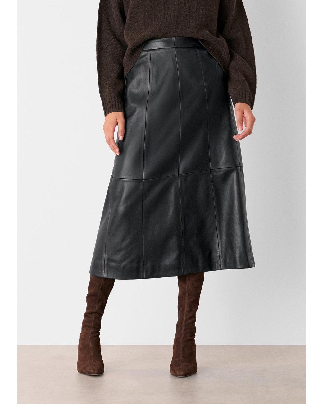 Whistles Black Burnished Leather Midi Skirt