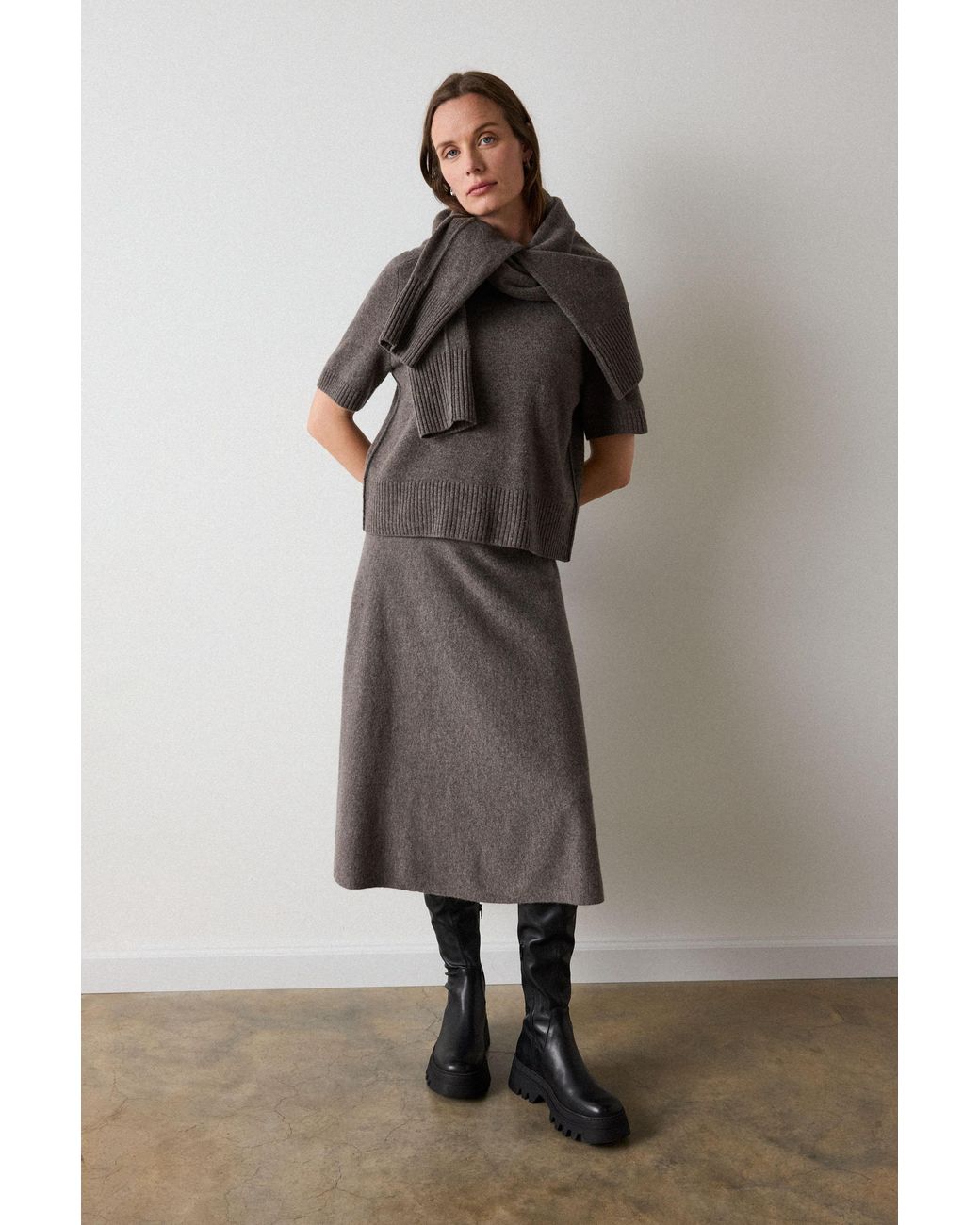 Whistles Gray Petite Wool Knitted Midi Skirt