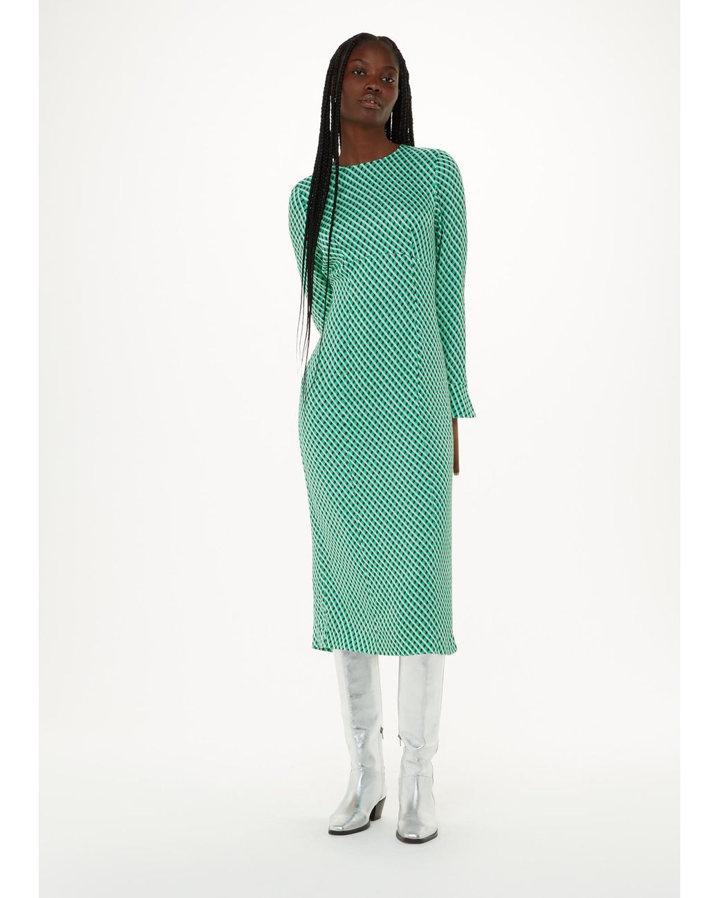 Whistles Green Crosshatch Print Minimal Dress