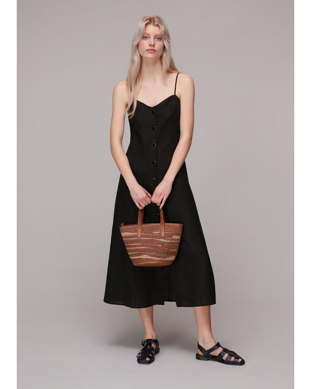 Whistles Black Ava Button Linen Mix Dress