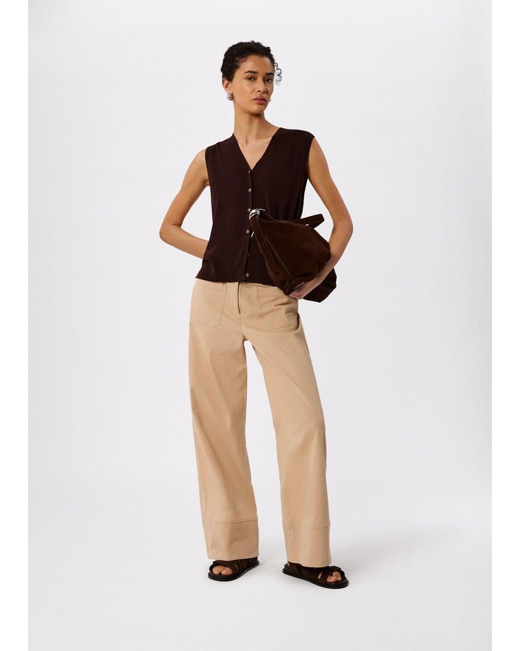 Whistles Brown V Neck Button Front Knit Tank