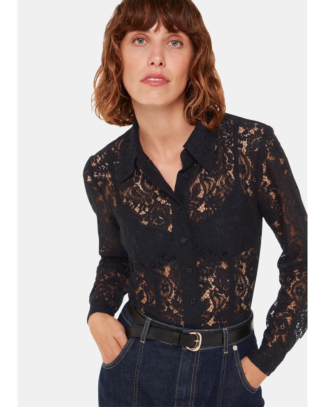 Whistles Black Lucy Seam Detail Lace Shirt