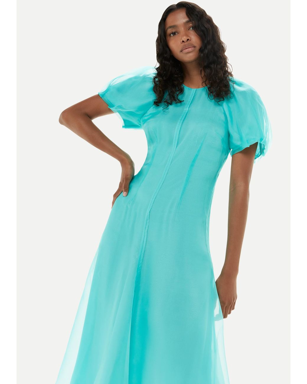 Whistles Blue Organza Silk Puff Sleeve Dress