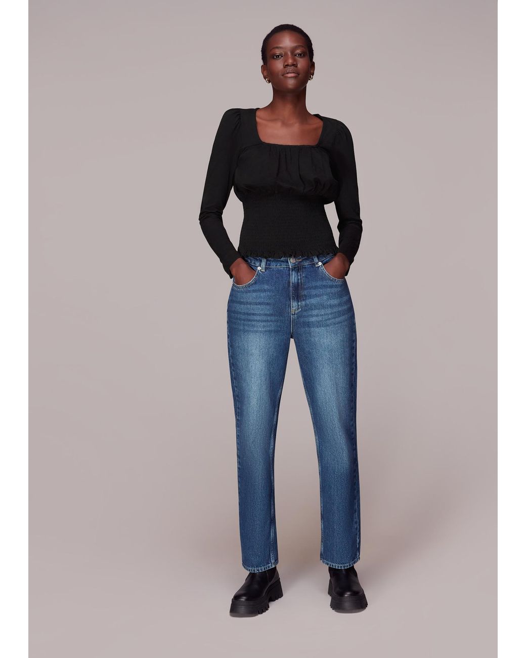 Whistles Blue Square Neck Shirred Top