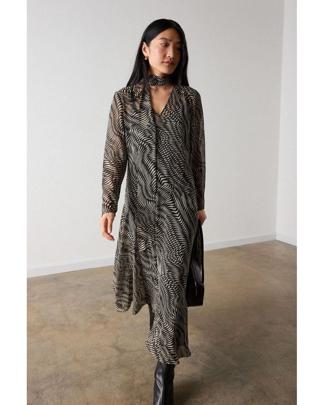 Whistles Brown Geo V Neck Scarf Midi Dress