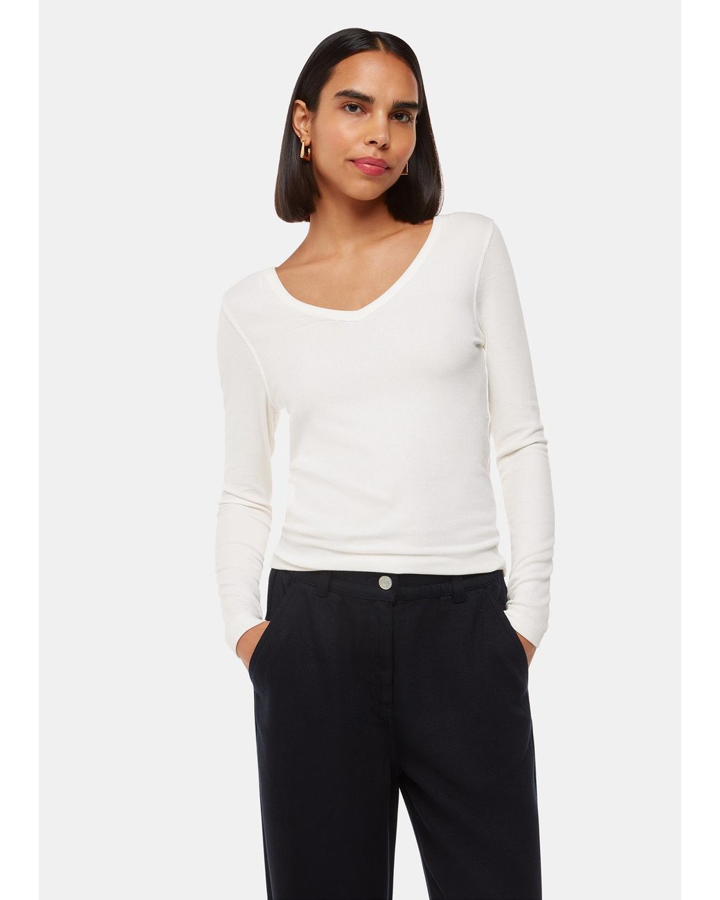 Whistles White Essential Ribbed V Neck