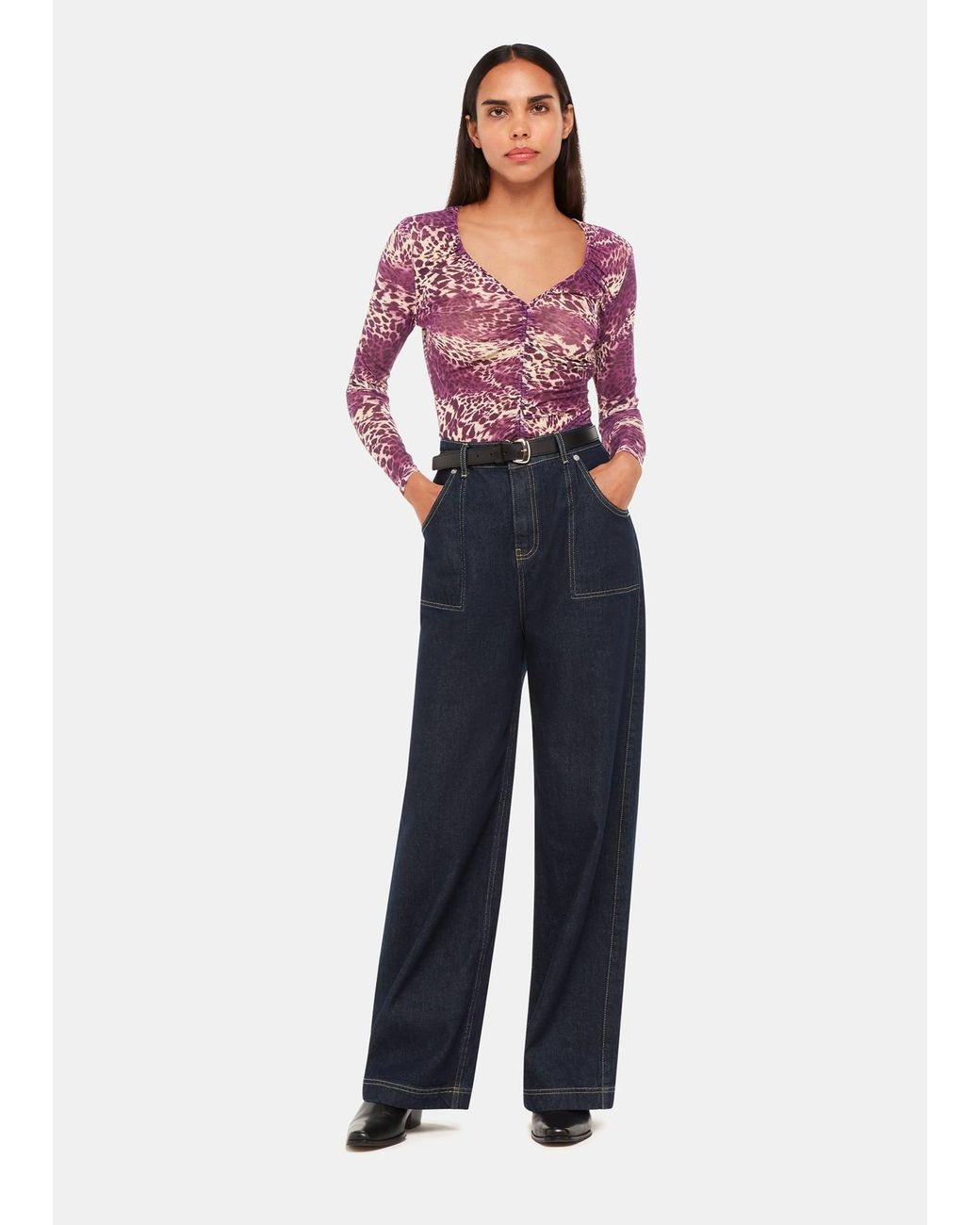 Whistles Blue Sahara Leopard Mesh Ruched Top
