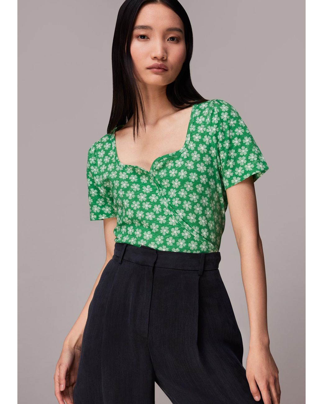 Whistles Green Daisy Check Wrap Tee