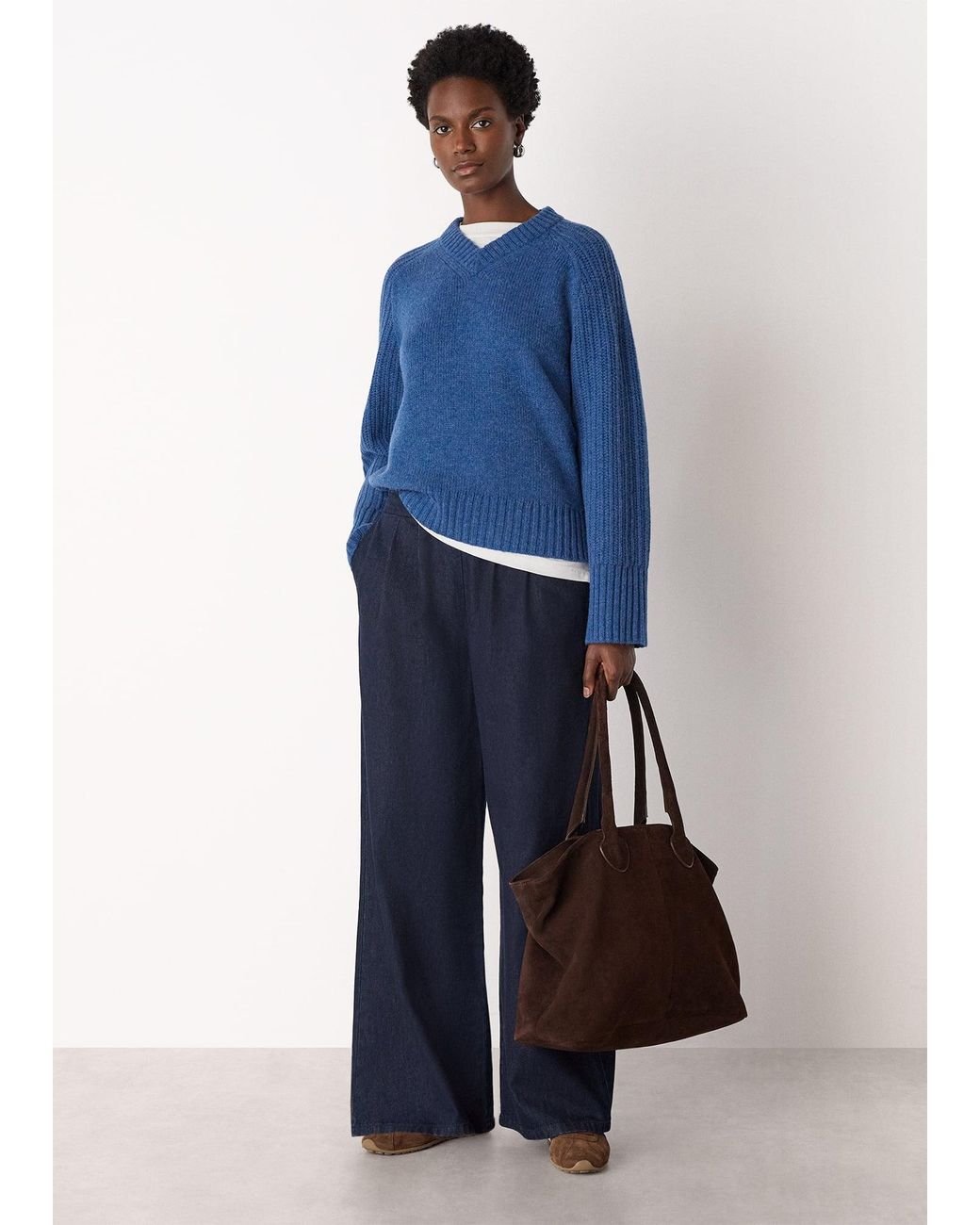Whistles Blue Wool Ribbed Sleeve V Neck Knit