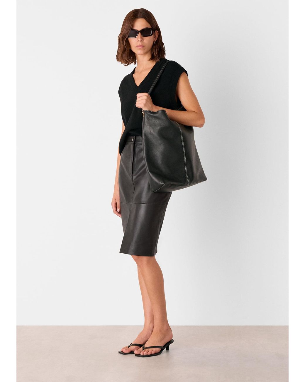 Whistles Black Leather Front Split Midi Skirt