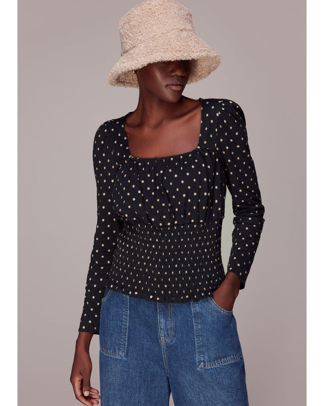 Whistles Blue Spot Square Neck Shirred Top