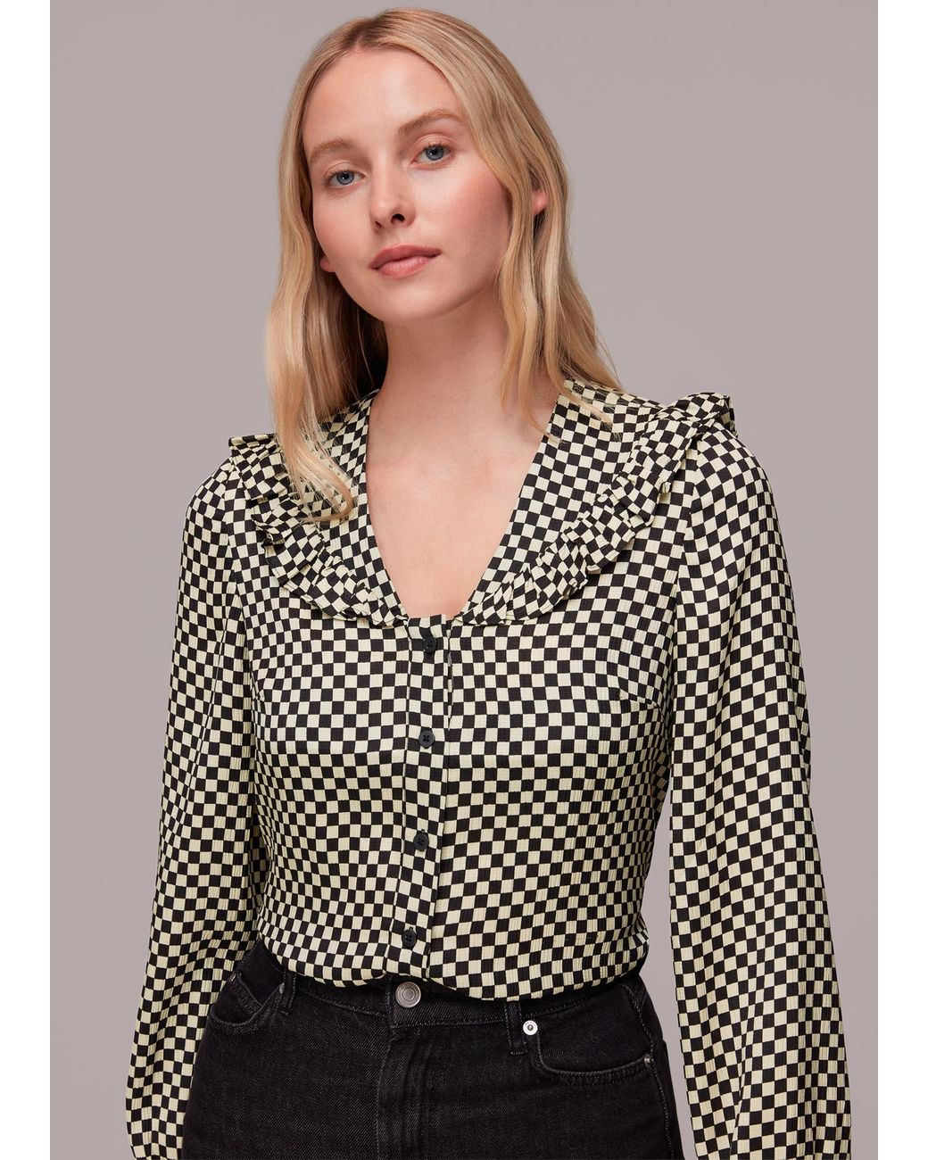 Whistles Gray Checkerboard Collar Detail Top