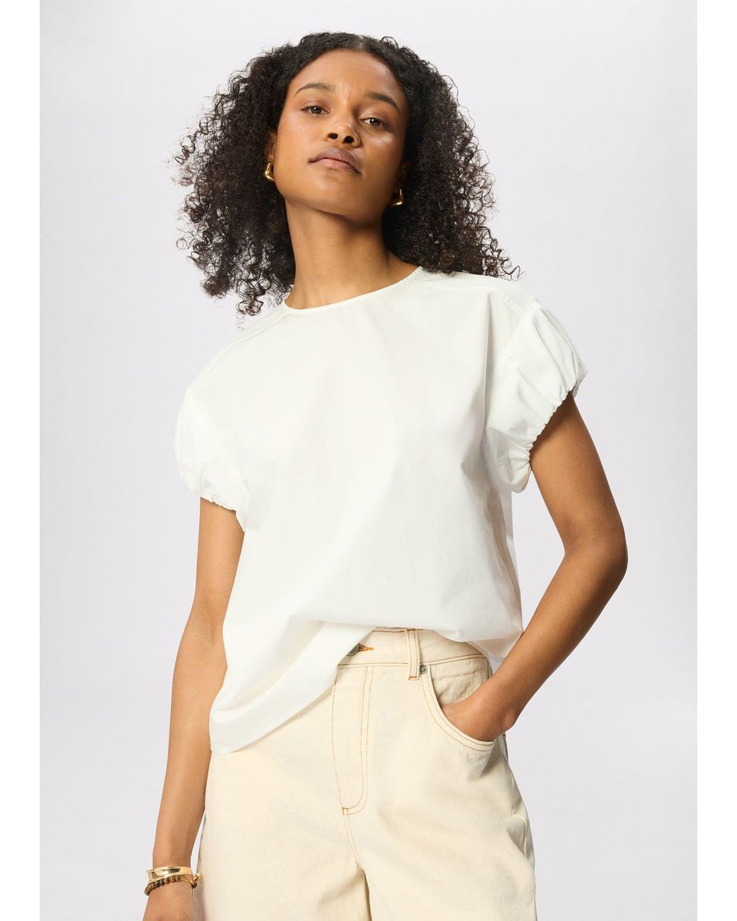 Whistles White Puff Sleeve Cotton Poplin Tee