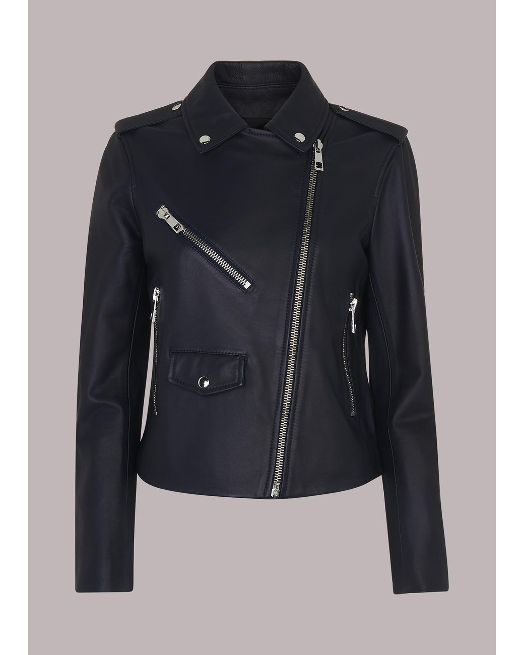 Whistles Blue Agnes Pocket Leather Jacket