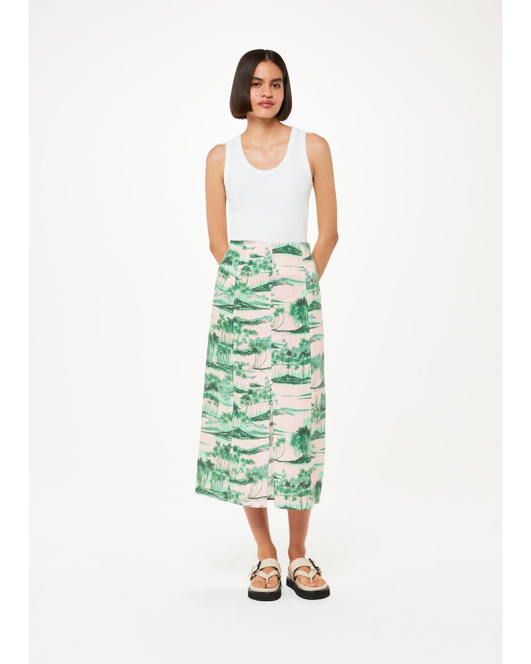 Whistles Green Waving Palms Button Skirt