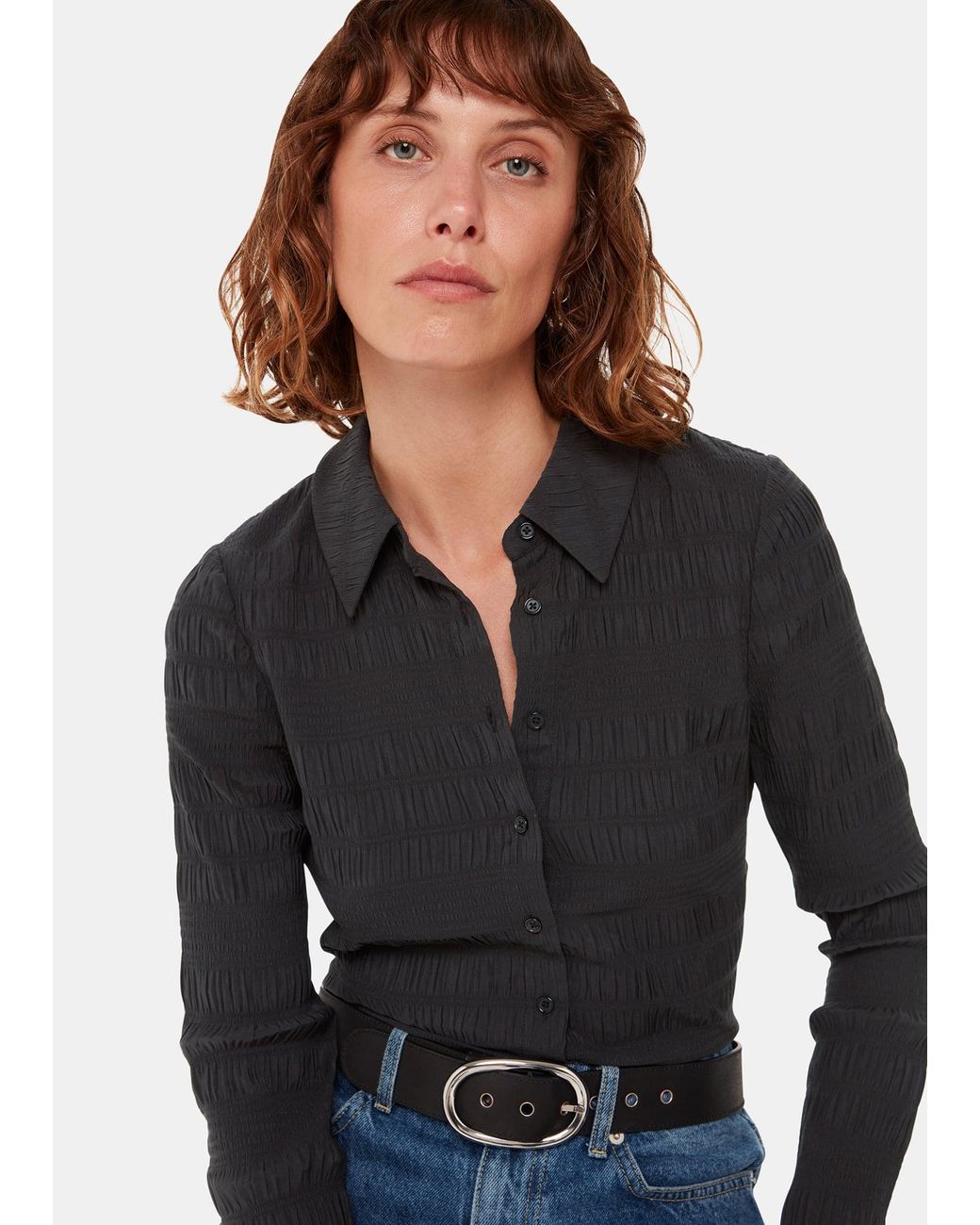 Whistles Black Plisse Button Front Shirt